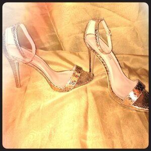 CathyJean Gold Metallic Snake Skin Heels Ankle Strap Stiletto Size 5